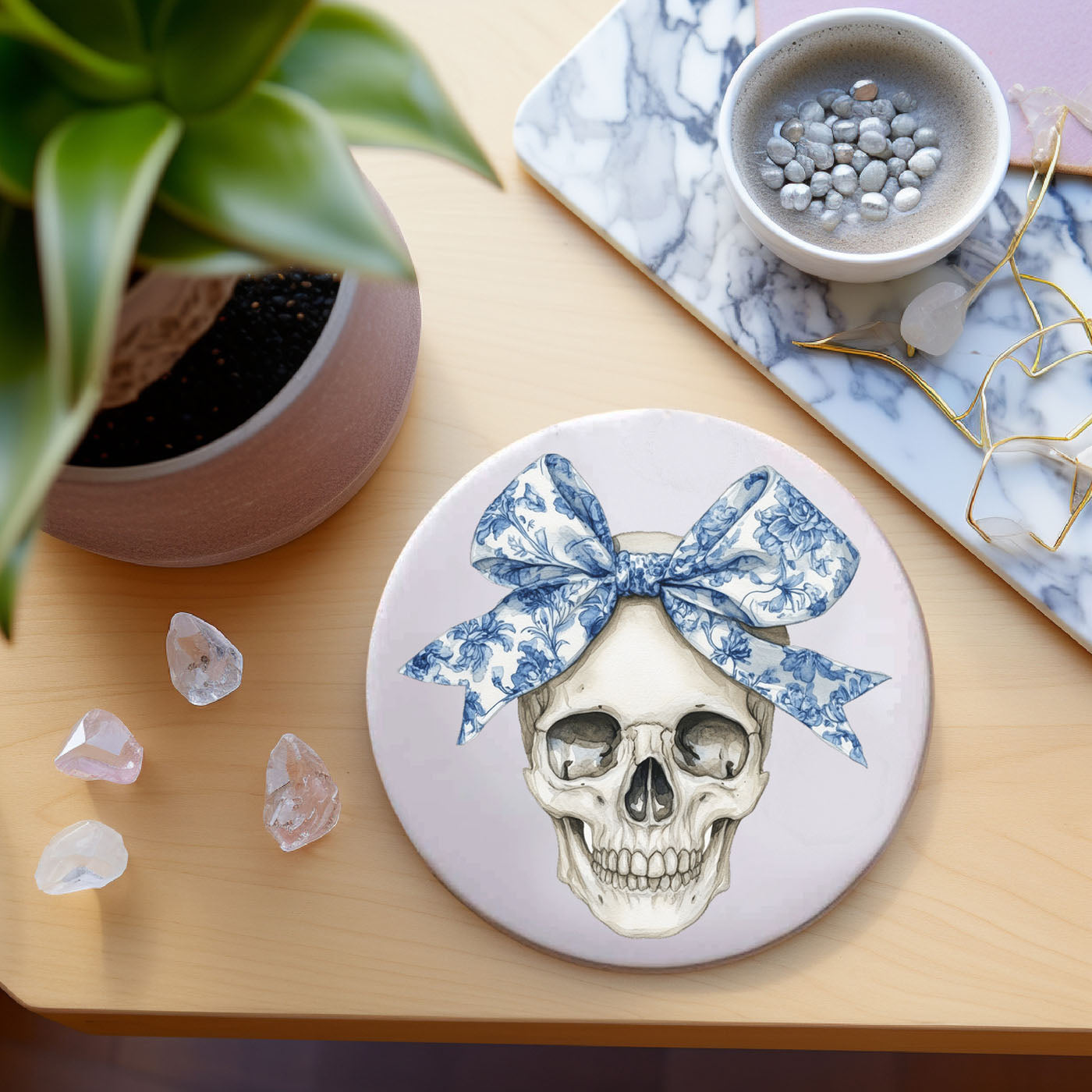 Halloween chinoiserie coasters styled with black candles and gothic decor
Blue and white Halloween coasters on dark wooden coffee table
Elegant Halloween party setup featuring chinoiserie skull coasters
Spooky tea party setting with gothic blue willow coasters
Close-up of cork backing on Halloween chinoiserie coaster